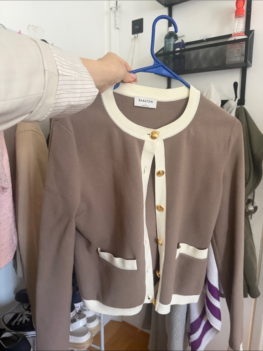 Aritzia Taupe Blazer Cardigan with Cream Trim and Gold Buttons